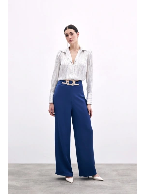 Bel Kemerli Saten Krep Pantolon - Lacivert