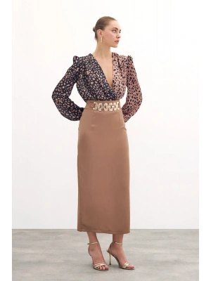 Gold Aksesuarlı Uzun Etek - Vizon