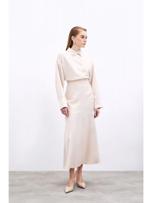 Kesik Detaylı Saten Etek - Bej