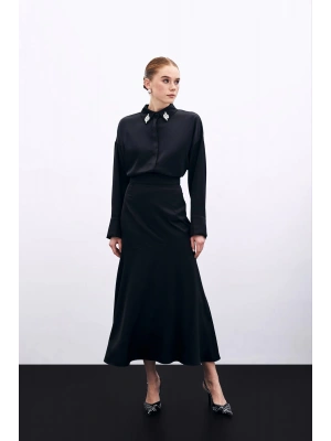 Kesik Detaylı Saten Etek - Siyah