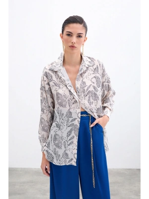 Desenli Saten Gömlek - Ekru