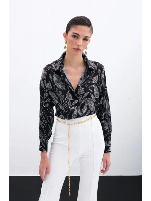 Desenli Saten Gömlek - Siyah