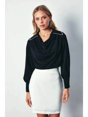 Degaje Yaka İncili Salaş Bluz - SİYAH