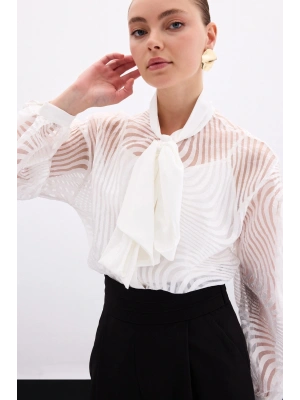 Fularlı Zebra Desenli Gömlek - Ekru