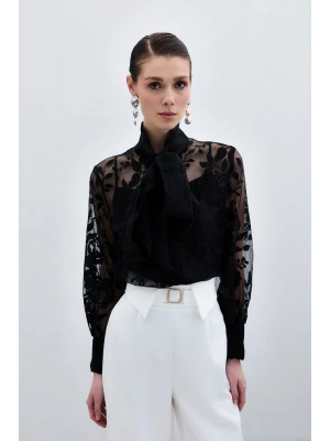 Fularlı Çiçek Desenli Gömlek - Siyah