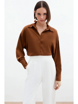 Kendinden Çizgi Desenli Gömlek - Kahve