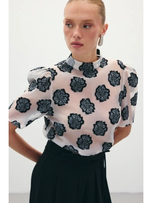 Organze Kısa Kol Bluz - Siyah