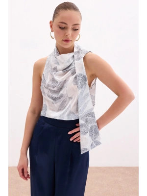 Fularlı Desenli Bluz - Siyah