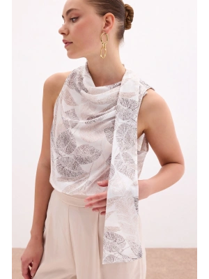 Fularlı Desenli Bluz - Vizon