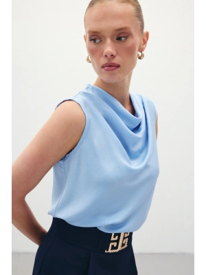 Degaje Yaka Saten Bluz - Mavi