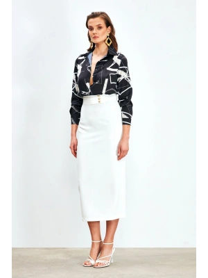 Düğme Detaylı Midi Etek - Ekru