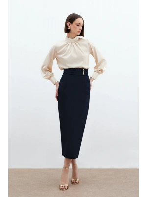 Düğme Detaylı Midi Etek - Lacivert