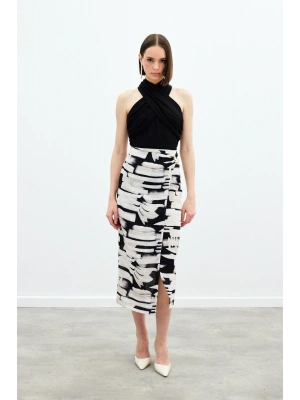 Desenli Keten Kalem Etek - Siyah