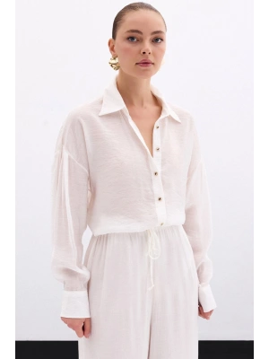 Düğme Aksesuarlı İnce Gömlek - Ekru
