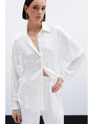 Jakarlı Saten Gömlek - Ekru