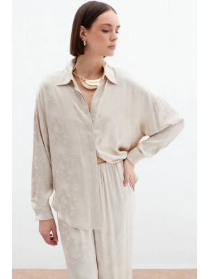 Jakarlı Saten Gömlek - Bej