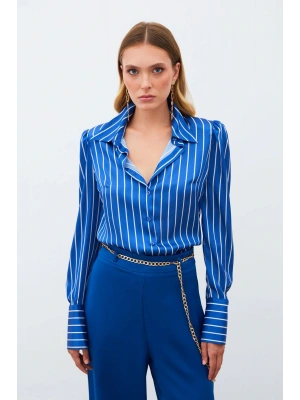 Vatkalı Çizgili Gömlek - SAX MAVİ