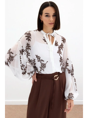 Nakışlı Şifon Gömlek - Kahve