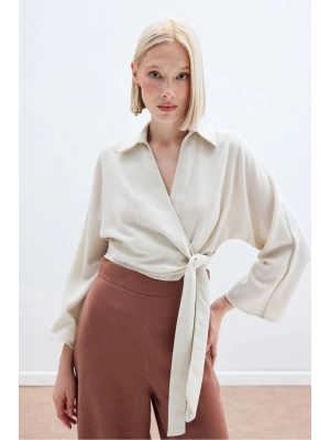 Bağlamalı Keten Bluz - Bej