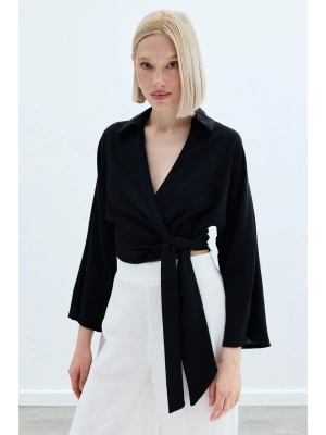 Bağlamalı Keten Bluz - Siyah