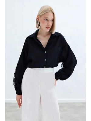 Nakış Detaylı Kraşlı Gömlek - Siyah