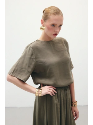 Kısa Kollu Salaş Bluz - Haki