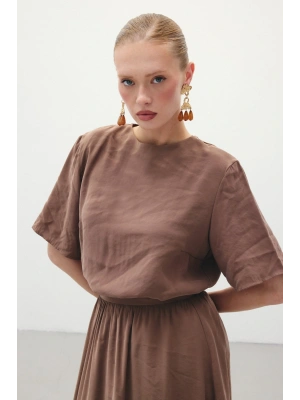 Kısa Kollu Salaş Bluz - Kahve
