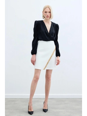 Zincir Aksesuarlı Mini Etek - Ekru