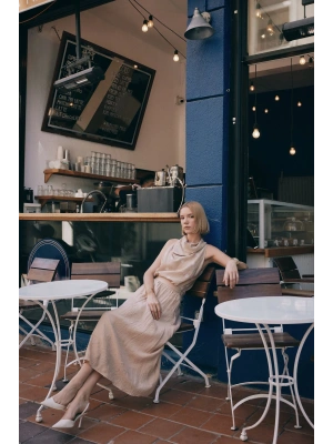 Kraşlı Kloş Etek - Pudra