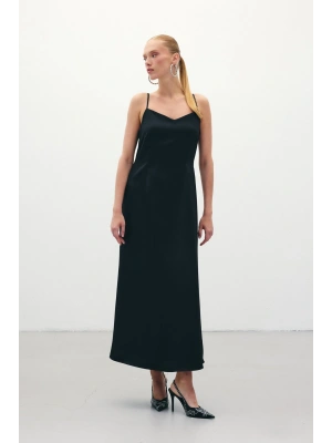 Askılı Uzun Saten Elbise - Siyah