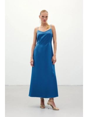 Askılı Uzun Saten Elbise - Sax Mavi