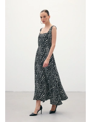 Kare Yaka Zebra Desenli Elbise - Siyah