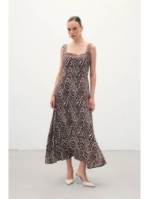 Kare Yaka Zebra Desenli Elbise - Kahve