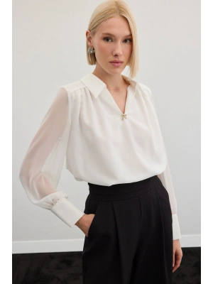 Aksesuarlı Salaş Bluz - Ekru