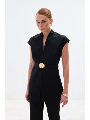 Aksesuar Kuşaklı Kolsuz Bluz - Siyah