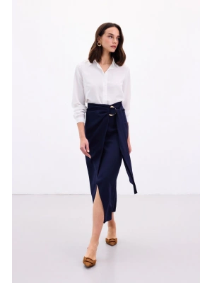 Aksesuar Kuşaklı Yırtmaçlı Etek - Lacivert