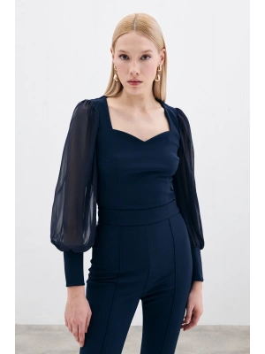 Balon Kol Crop Bluz - LACİVERT