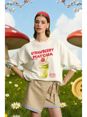 Baskı Detaylı Sweatshirt Ekru