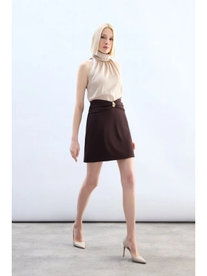 Bel Aksesuarlı Mini Etek - Kahve
