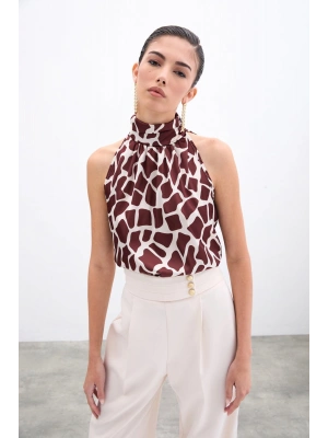 Boğazlı Kolsuz Bluz - Bej-Kahve