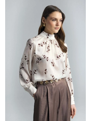Çiçek Desenli Bluz - Kahve