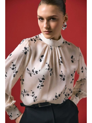 Çiçek Desenli Bluz - Siyah