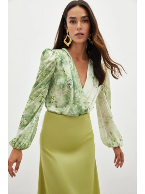 Çiçek Desenli Bodysuit Bluz - ÇAĞLA YEŞİLİ