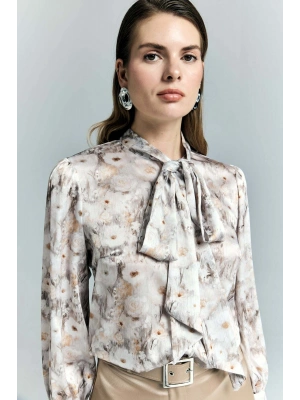 Çiçek Desenli Fularlı Gömlek - Bej