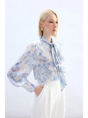 Çiçek Desenli Fularlı Gömlek - Lila