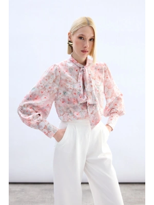 Çiçek Desenli Fularlı Gömlek - Pudra