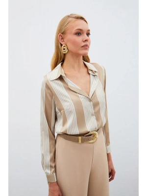 Çizgi Desenli Gömlek - Bej