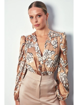 Desenli Bodysuit Bluz - Camel