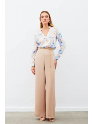 Desenli Kruvaze Bluz - MAVİ