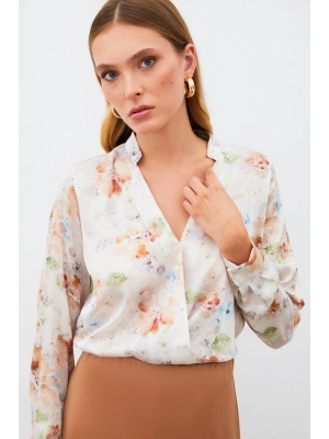 Desenli Kruvaze Bluz - VİZON